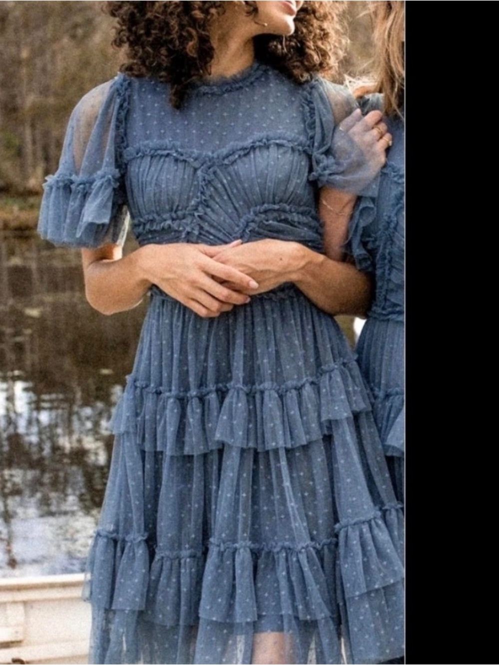 Ivy City Co Blue Dot Mesh Ruffle Midi Dress
